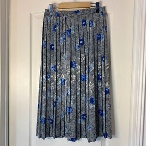 Vintage Pleated Floral Skirt Grey & Blue Shimmer High Waist Retro Midi 80s
